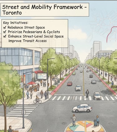 Urban public realm architecture study exploring mobility corridors and civic spaces in Toronto