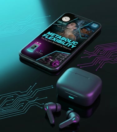 Smartphone displaying a metabolic flexibility biohacking app next to wireless earbuds and circuit patterns.