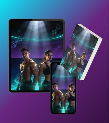 Digital fitness program displayed on a tablet, smartphone, and ebook featuring a fit man and woman.