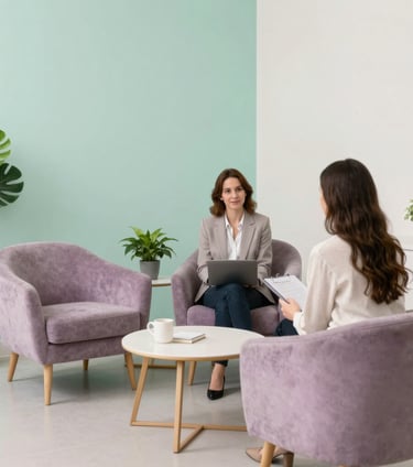 Wide portrait-framed therapy room interior viewed from the doorway threshold — an empty armchair sits in the right third bathed in soft north-facing window light, a trailing plant visible in the far corner, warm off-white walls, late-morning diffused daylight, no people present, contemplative stillness