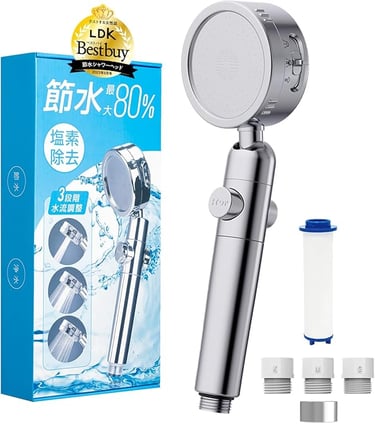 a shower head with a water filterer and a box of water