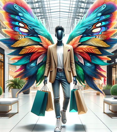 men with shopping with wings as fairy