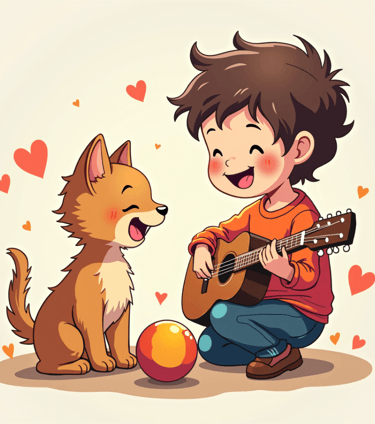 a boy playing guitar and a dog