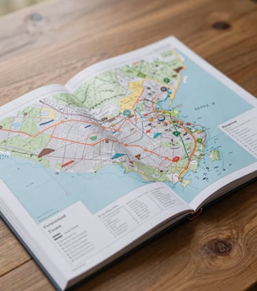 Flat-lay of a premium printed travel guide with detailed vector maps, lying on a wooden table under soft, diffused natural daylight.