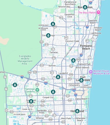 Map of Fort Lauderdale and Broward County Florida with location markers for parks and gardens.