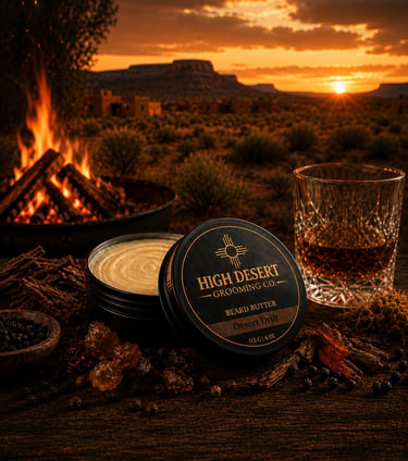 High Desert Grooming Co. beard butter tin on a rustic table near a campfire and desert sunset.