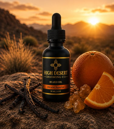 High Desert Grooming Co. Beard Oil bottle with vanilla beans and orange slices during a desert sunrise.
