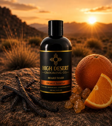 High Desert Grooming Co. beard wash bottle with vanilla beans and oranges at sunrise.