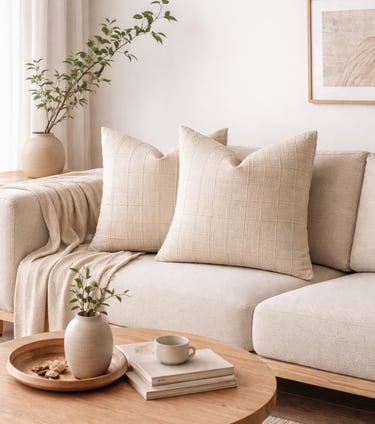 Neutral textured throw pillows on a beige sofa in a minimalist living room with a wooden coffee table.