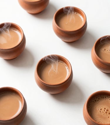 Overhead flat-lay of steaming clay cups of chai on a clean, bright white table under soft natural daylight.