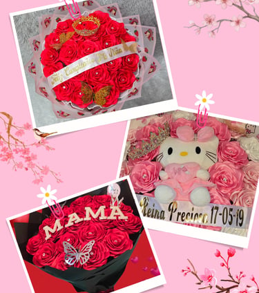 Ramos de rosas eternas hechas a mano color rojo y rosado son 3 ramos y uno tiene un pelluche de kity en el centro