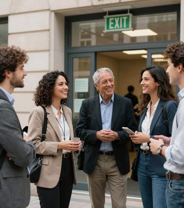 A diverse group of people engaged in a friendly conversation at a bright community center in Madrid
