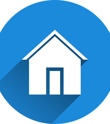 White house home icon with long shadow on blue circle background for website navigation.