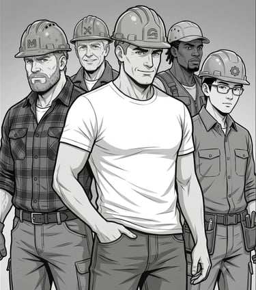 A black and white comic-style illustration of five male construction workers in hard hats and workwear.
