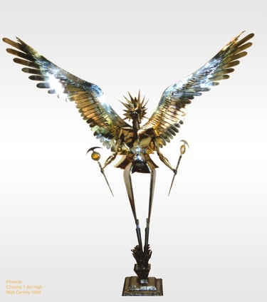 a chrome statue of a phoenix