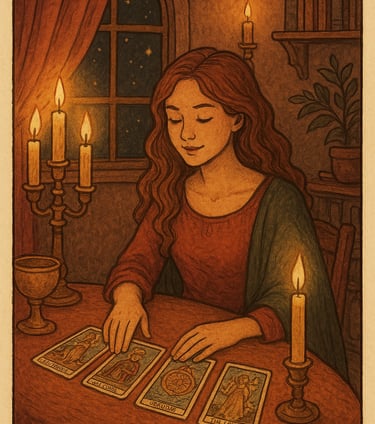 Lectrice de carte de tarot éclairée à la bougie