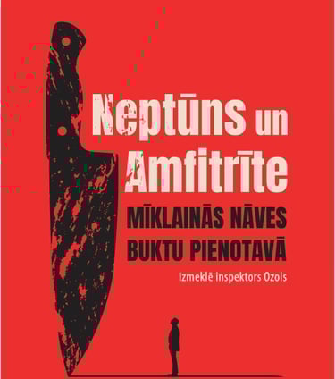 Neptūns un Amfitrīte grāmatas vāks ar nosaukumu, nazi un inspektora siluetu