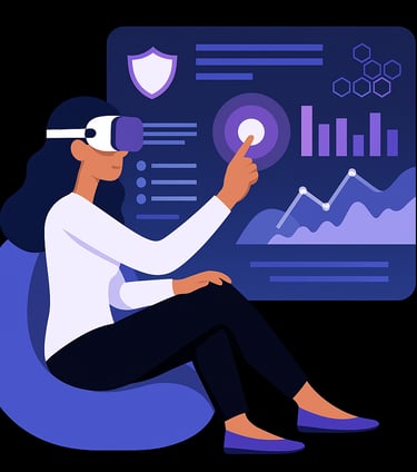 Person using VR headset to interact with holographic data interface.