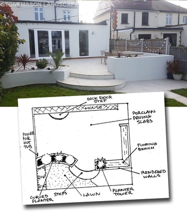 Raised Porcelain Paved Patio, Curved Steps & Planters, Floating Bench & Rendered White Walls Romford