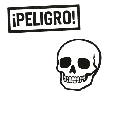 Icono de advertencia de la novela 'Cagada Pagada' con un sello de ¡PELIGRO! y una calavera, ilustran