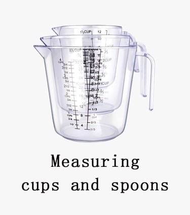 Measuring cups and spoons are kitchen utensils that are convenient for measuring liquid and powder ingredients.