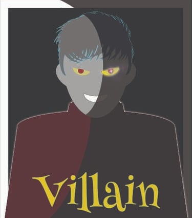 a man in a black suit and red shirt with the words villain in the middle