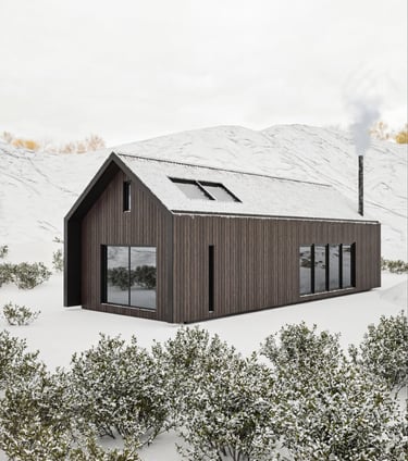 Modern cabin home plan exterior render with timber cladding