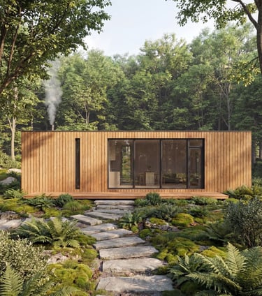 Contemporary cabin exterior design with large glass windows