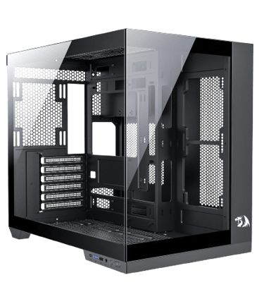 a computer case with a glass door and a black case