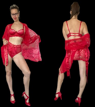 Pleasurelit Patricia wearing lovehoney red lingerie