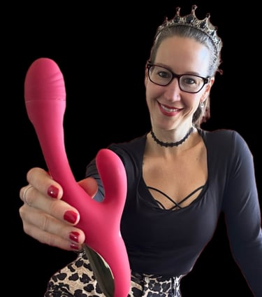 Pleasurelit Patricia holding the Sweet Smile Rabbit Vibrator for a review