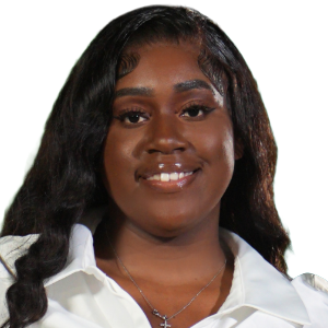 an african american woman with a white shirt smiling
