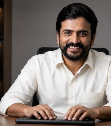 Smiling businessman Nigiil Akkara in a white shirt typing on a keyboard at a modern office desk.