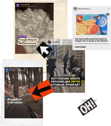 Collage van berichtgeving op social media over drugs met inconsistente censuur