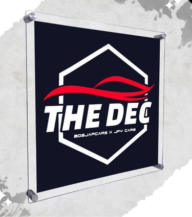 Acrylic Sign Frame with 'The Dec' Automotive Logo in Red & White