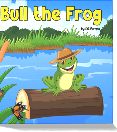 A colourful children's book cover featuring a bright green frog wearing a wide-brimmed hat as he sits on a log in a pond