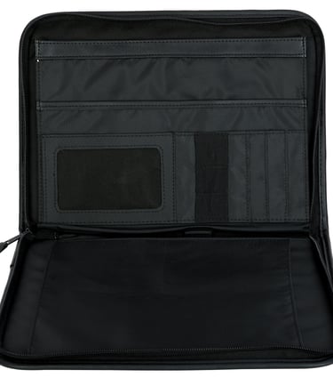 a black conference folder with multiple compartments