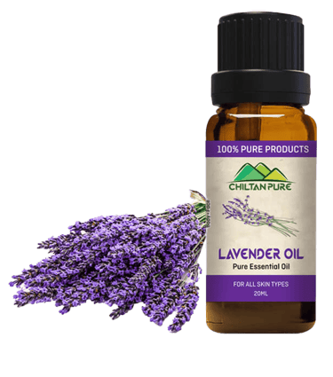 Purple Lavendar flowers next to Lavendar Essential Oil Bottle