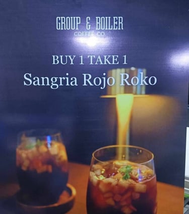 Promo Sintra board for Group & Boiler's Sangria Rojo Roko, Buy 1 Take 1, Feb 2024.
