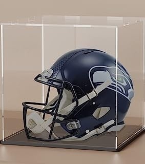 Football helmet inside a clear acrylic display box.