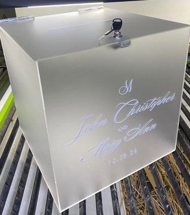Frosted Acrylic Wedding Box with elegant silver script for 'John Christopher & Mary Ann, 12.18.24',