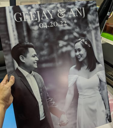 Custom wedding sticker on sintra board with couple's photo.