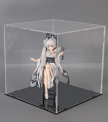 Anime figure in clear acrylic display case with black base.