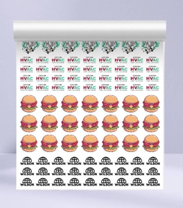Roll of UV DTF printed stickers featuring burgers and brand logos.