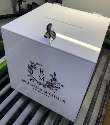 White Acrylic Wedding Box with a floral monogram for 'RICHARD & MICHELLE' dated '03.09.2024,' finely