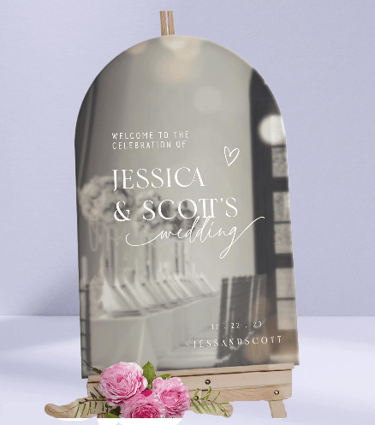 Sophisticated silver arched acrylic sign for Jessica & Scott's wedding.