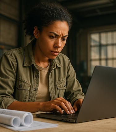 a woman sitting at a table with a laptop computer