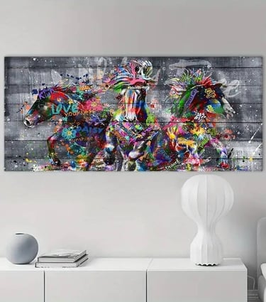Colorful abstract horse artwork printed in large format.