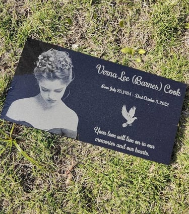 Custom lasered granite plaque for Verna Lee with a dove graphic.