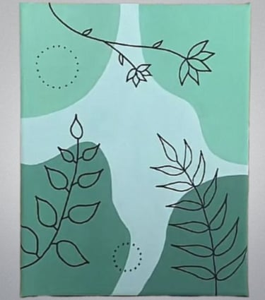 Green botanical artwork with leaves and abstract shapes on canvas.
